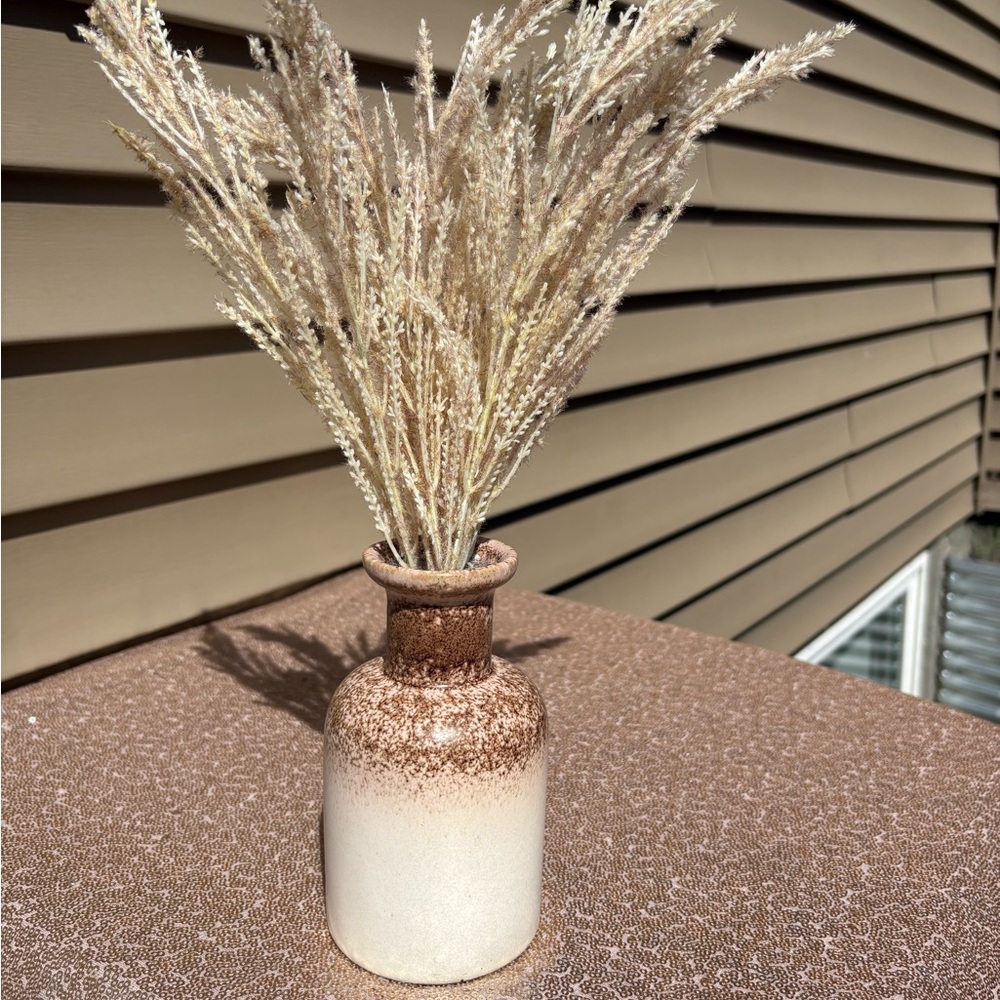 Rustic Brown and Cream Vase with Dried Grass